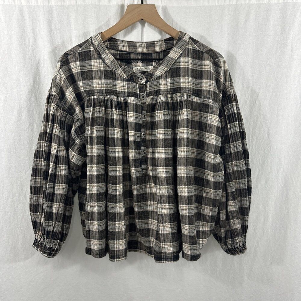 We The Free Black and Cream Plaid Button Henley Blouse
